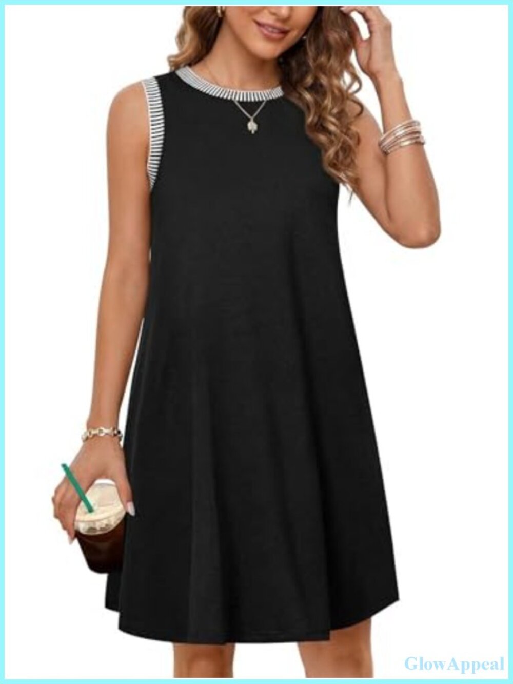Casual Sleeveless A-Line Tank Dress with Pockets, Scoop Neck, Midi Length,